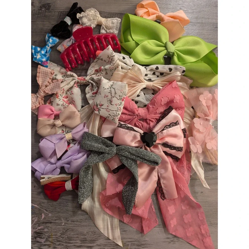 Girls Hair Bows and Accessories Lot Floral Lace Glitter Satin Grosgrain 15pc